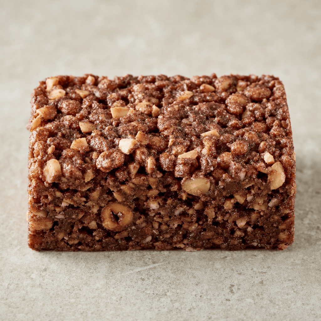 A compact rectangular bar with a rough, knobbly surface, packed with visible cereal pieces and hazelnut fragments and mottled in cocoa-brown tones.