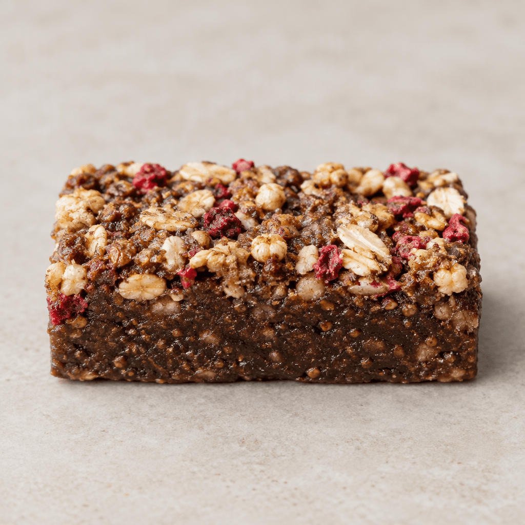 A compact rectangular bar with a dark chocolate-brown base, a rough, grainy top studded with pale cereal pieces and small red berry bits, served on a plain surface.