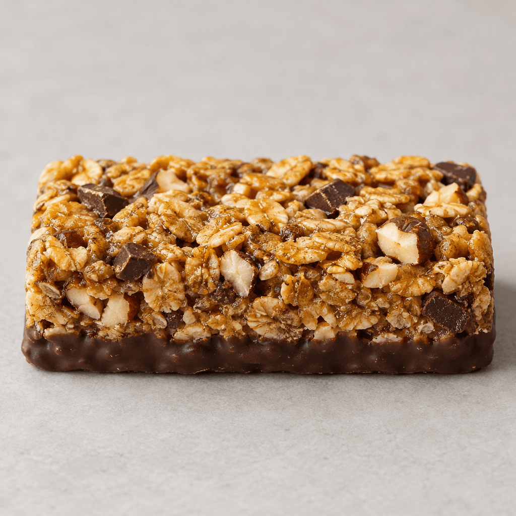 A compact, rectangular whole-grain bar with a golden-brown surface of pressed cereal flakes, visible chocolate pieces and hazelnut bits, and a dark chocolate-coated base.