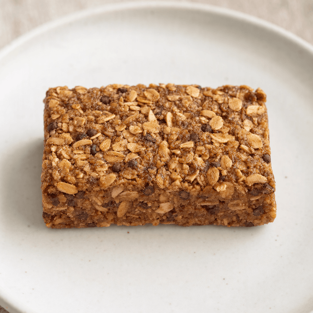 A compact rectangular oat bar with a rough, densely packed surface of visible oat flakes and small cocoa-brown bits, in a warm medium-brown colour, rests on a plain plate.