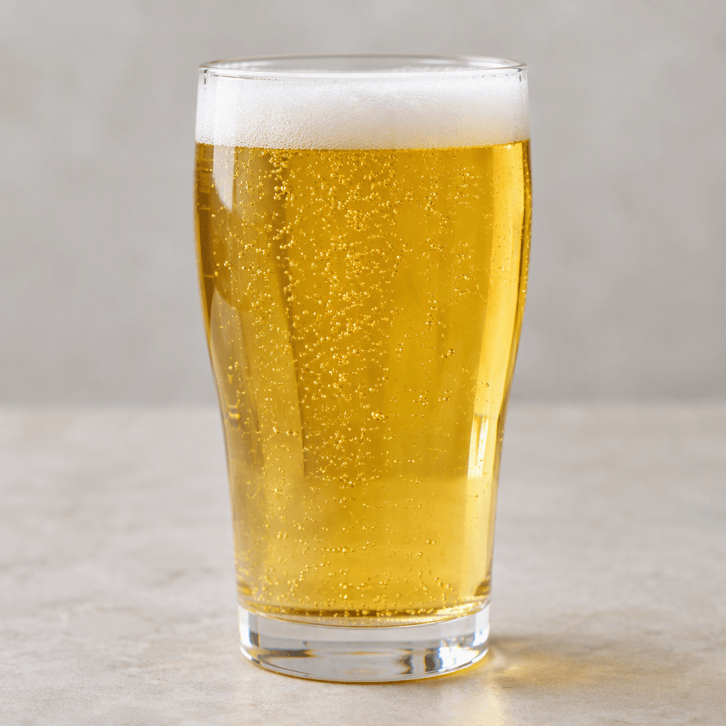 A clear, pale straw-golden beer with fine rising bubbles and a thin white foamy head, served in a transparent glass.