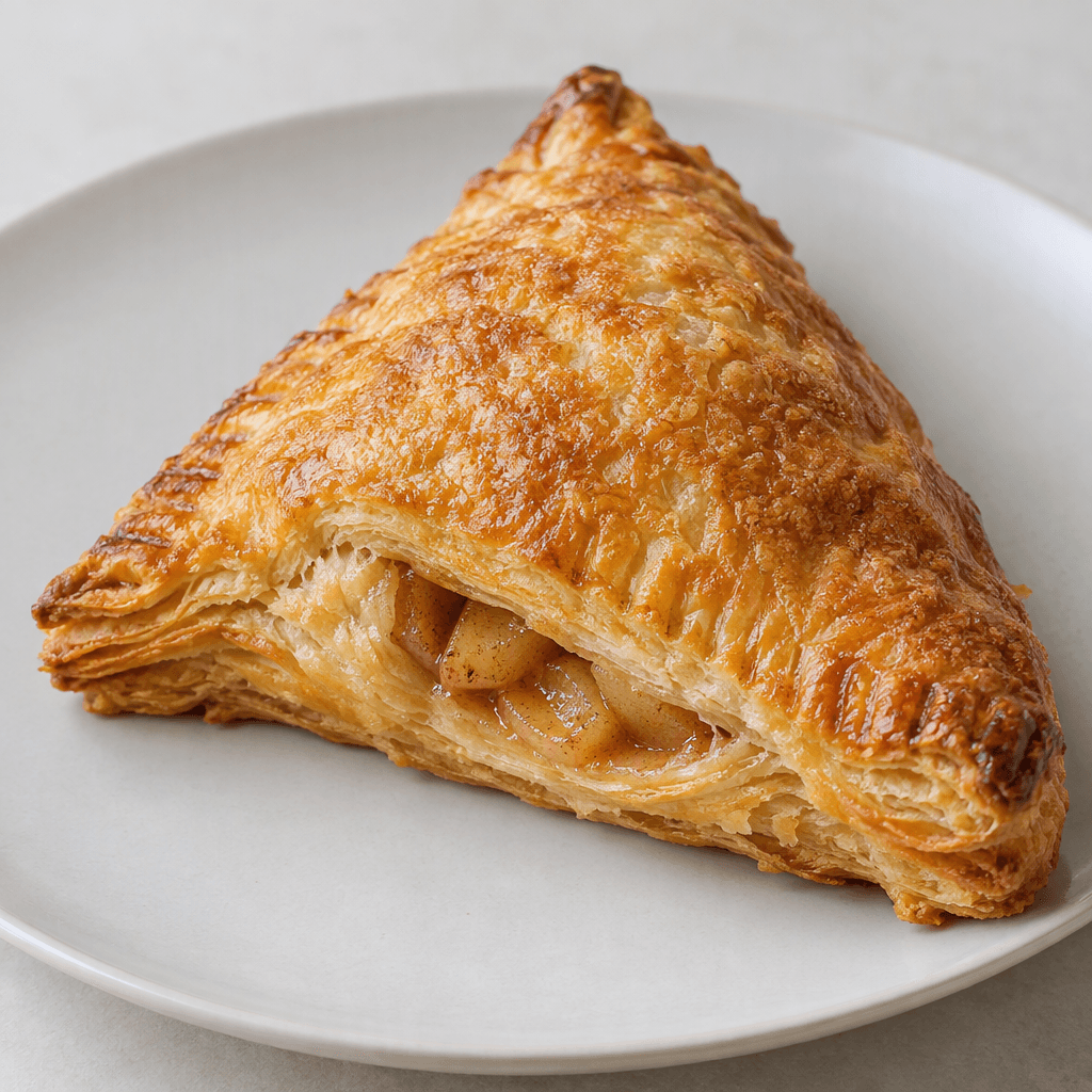 A large, folded, roughly triangular pastry with a golden-brown, flaky surface and crisp layered edges, with a little soft apple filling visible at the seam, served on a plain plate.