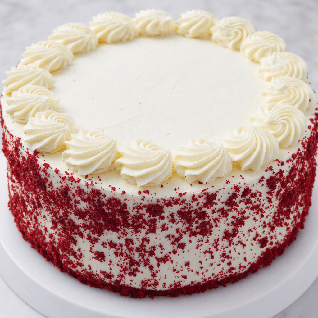 A round red velvet cake with deep crimson sponge layers and thick white frosting between them, coated in white icing and scattered red cake crumbs, with piped frosting swirls around the top edge.