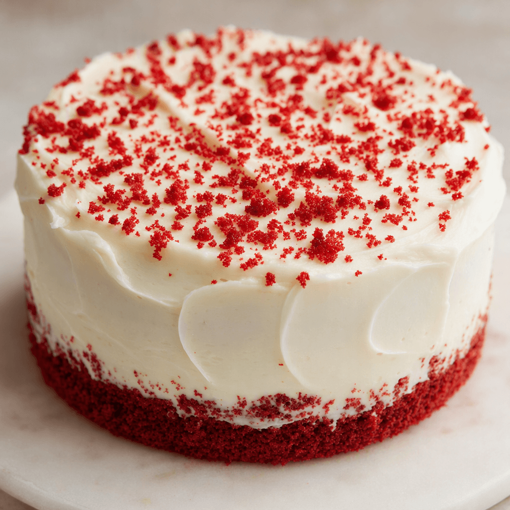 Small round red velvet cakes have deep-red, finely crumbed layers sandwiched and coated with thick white frosting, with red cake crumbs scattered over the tops.