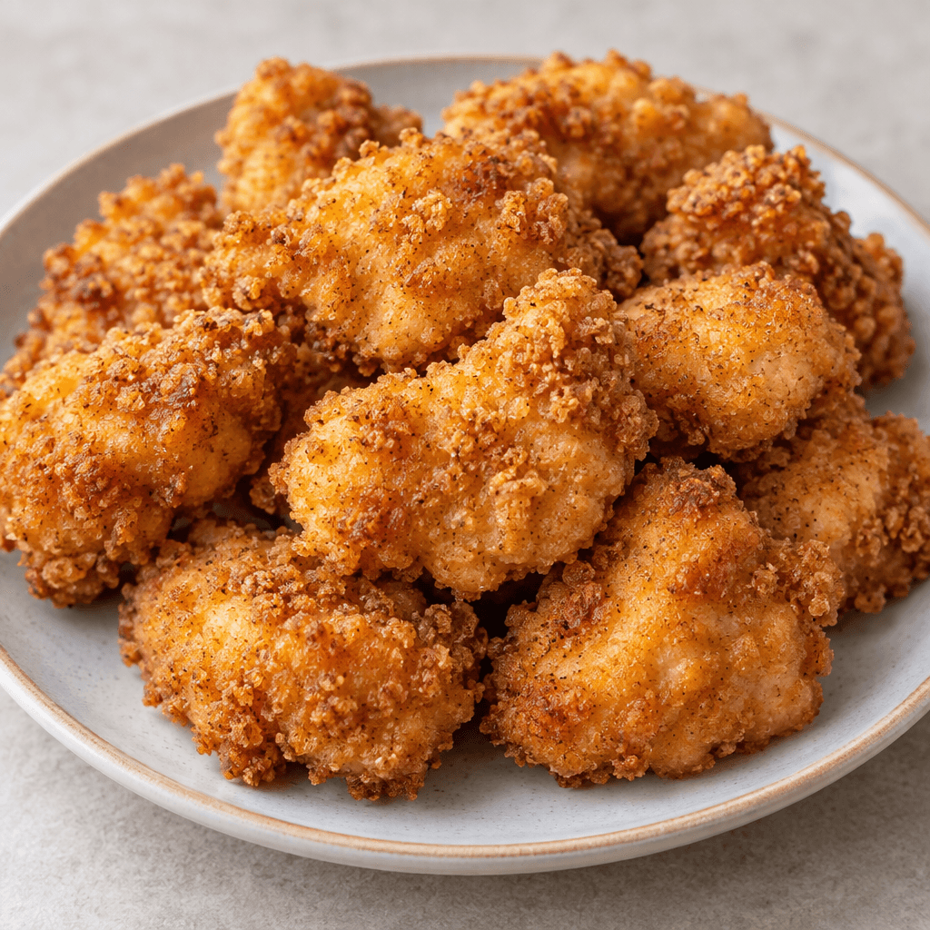 Golden-brown, bite-sized chicken pieces with irregular rounded shapes and a coarse, crisp-looking crumb coating are arranged on a plate.