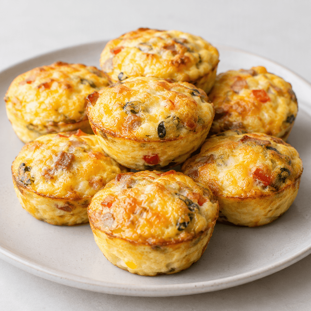 Small, round, squat egg bites with softly puffed golden-yellow tops, lightly browned edges, and a few visible flecks of cheese and other fillings, arranged on a plate.