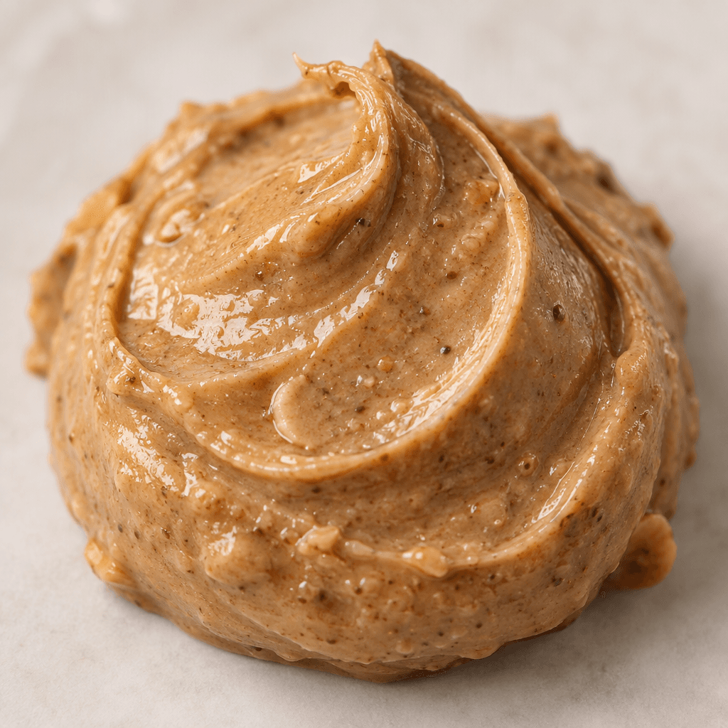A thick, smooth, light-brown hazelnut spread with a faint sheen and tiny darker flecks, gathered in a soft mound.
