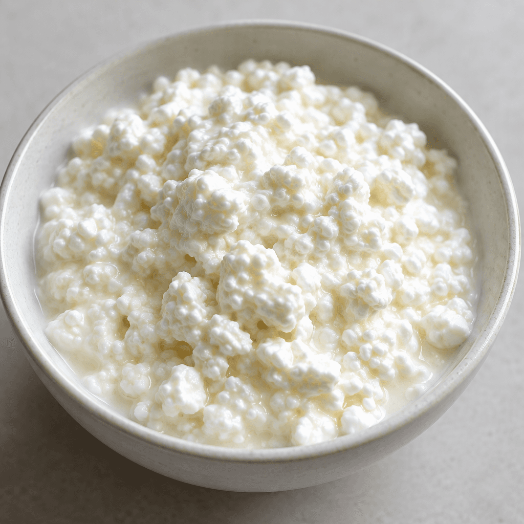 Small, irregular white curds sit in a thick, slightly glossy creamy liquid, forming a soft, lumpy mound in a bowl.