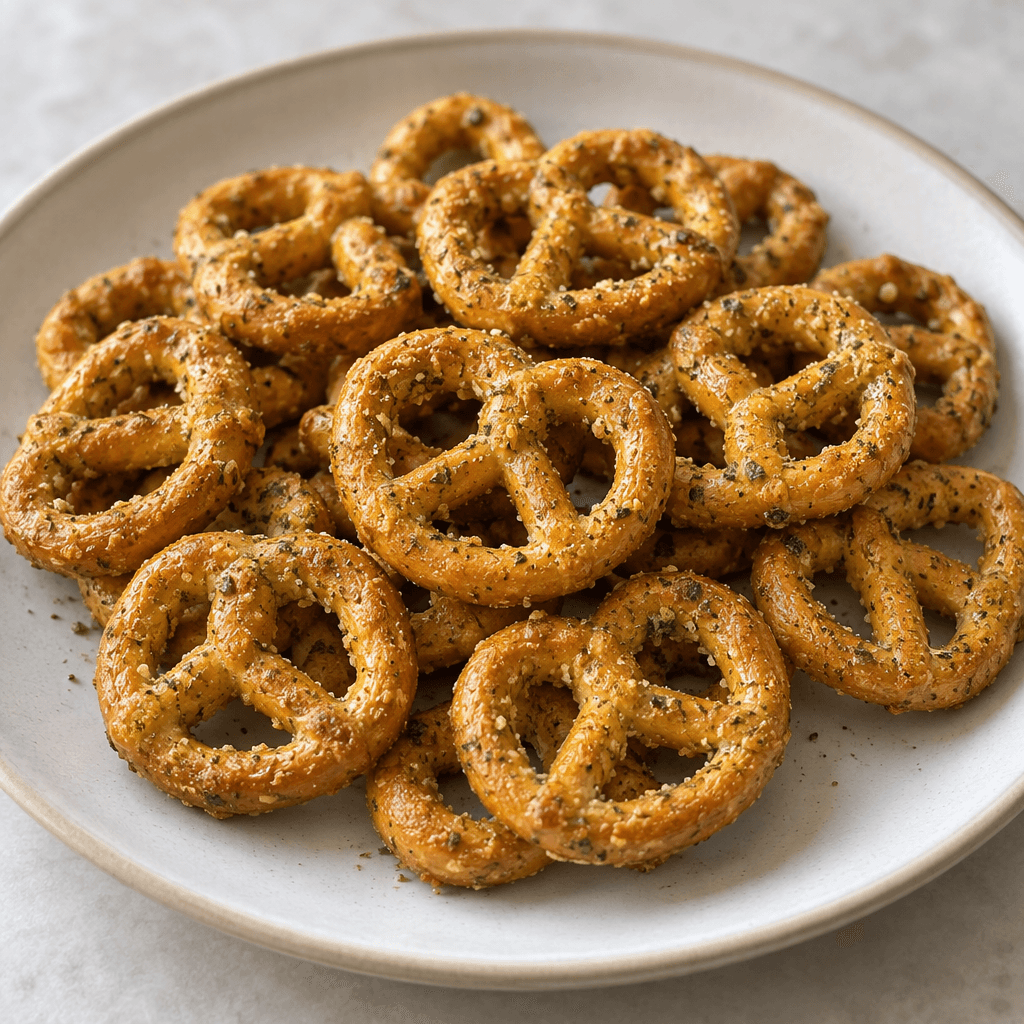 Sade bir tabağa dağılmış, küçük ve altın kahverengi pretzel biçimli kıtır atıştırmalıklar, üzerlerinde hafif yeşilimsi ve benekli lime çeşnisiyle.