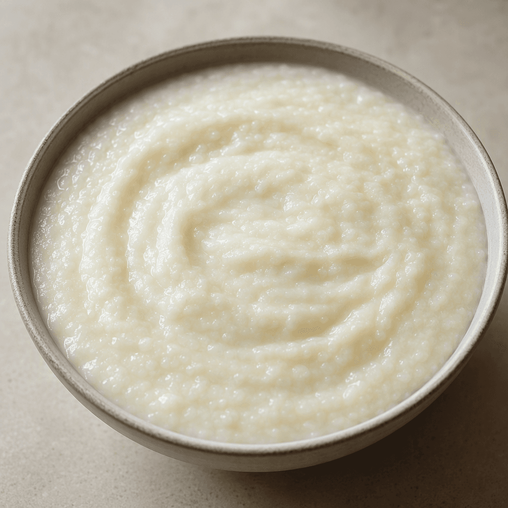 A bowl filled with thick, smooth, white-to-ivory rice porridge, with a soft creamy surface and gentle spoon-made swirls.