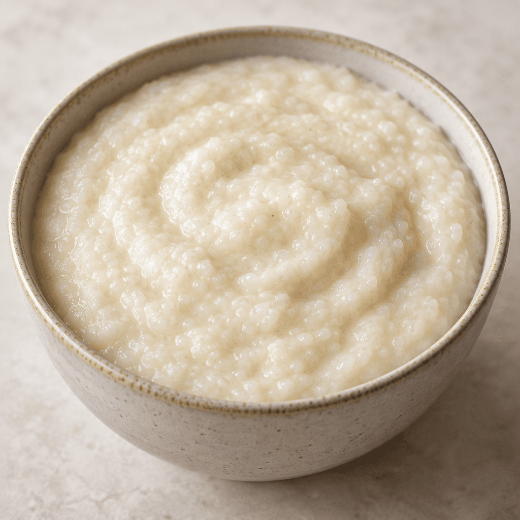 A bowl of thick, smooth cream of rice, pale ivory in colour with a soft, even surface.