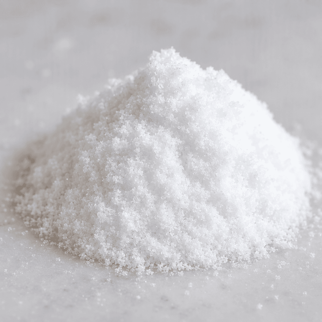 Fine, bright white powder with a soft, crystalline texture, loosely piled into a small mound with a few scattered grains visible around it on a plain surface.