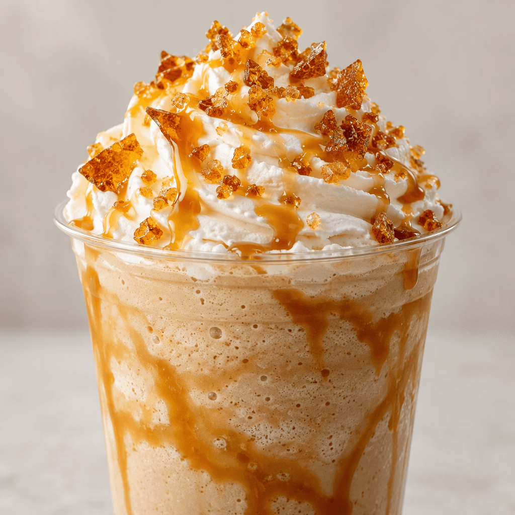 A pale caramel-colored, creamy blended drink sits in a clear cup, topped with a high swirl of white whipped cream, golden caramel drizzle, and scattered crisp amber sugar pieces.