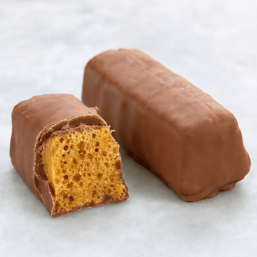 A milk-chocolate-coated bar is shown whole beside a broken piece, revealing a golden, airy, densely pitted sugar centre beneath its smooth brown shell.