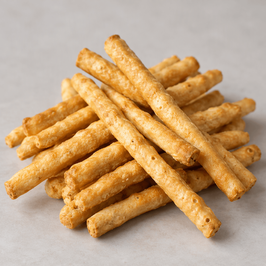 Slender, straight cracker sticks with a dry, lightly blistered surface and an even golden-yellow color, arranged in a small pile.