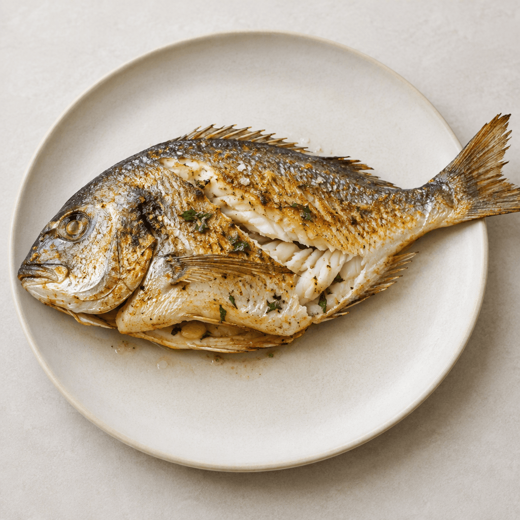 A whole baked gilthead seabream with silvery-golden, lightly browned skin, an oval body, intact head and tail, and firm white flesh visible where the fish has been opened, served on a simple plate.