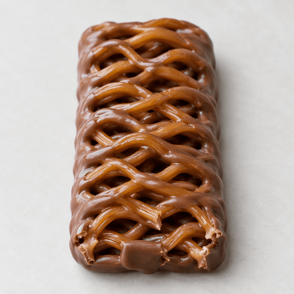 A flat, elongated milk-chocolate-coated bar formed from glossy caramel strands woven into an open, wavy lattice, with rounded edges and a few broken ends exposing the lighter caramel inside.
