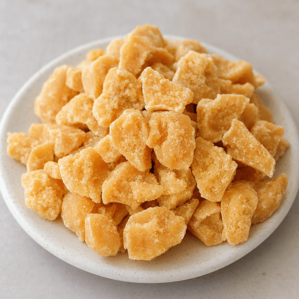 Small, irregular pieces of pale golden-brown sweet dough are arranged on a plate, with a lightly rough, matte surface.