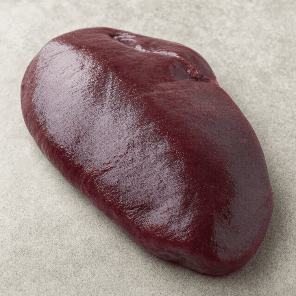 A raw spleen is a smooth, glossy, flattened oblong organ with tapered ends and a deep reddish-purple surface.