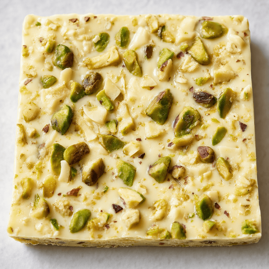 A rectangular slab of creamy white chocolate is studded with irregular green pistachio pieces and pale nut fragments, with a smooth, slightly glossy surface and clean broken edges.