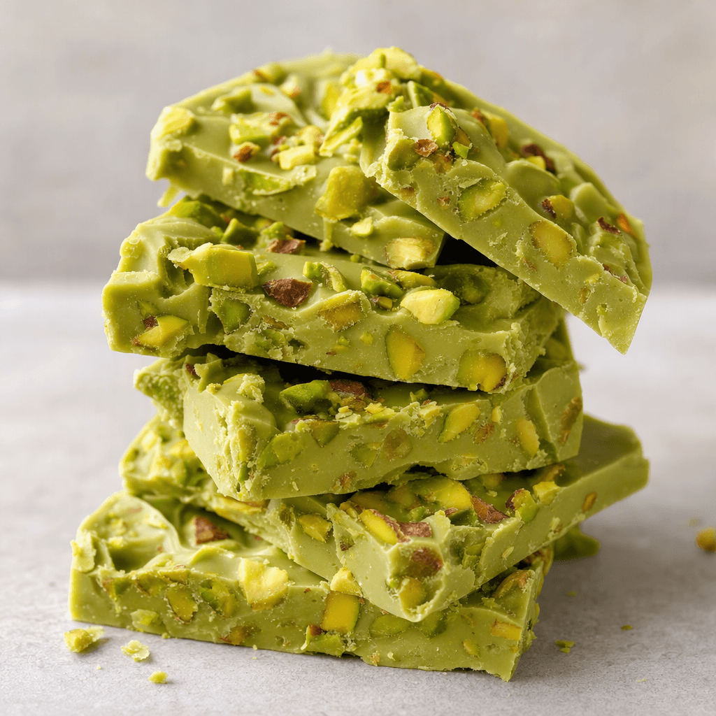 A smooth, pale green chocolate bar with chopped pistachios scattered throughout is broken into chunky pieces, showing a dense, slightly glossy surface flecked with green nuts.