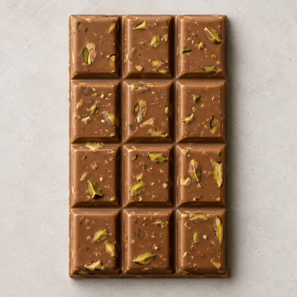 A flat, rectangular bar of light-brown milk chocolate is divided into molded sections, with green pistachio pieces visible throughout its smooth surface.