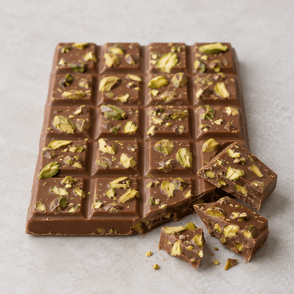 A broad, rectangular milk-chocolate bar with a smooth medium-brown surface, divided into raised segments and generously studded with irregular pale-green pistachio pieces, with a few broken pieces arranged beside it.