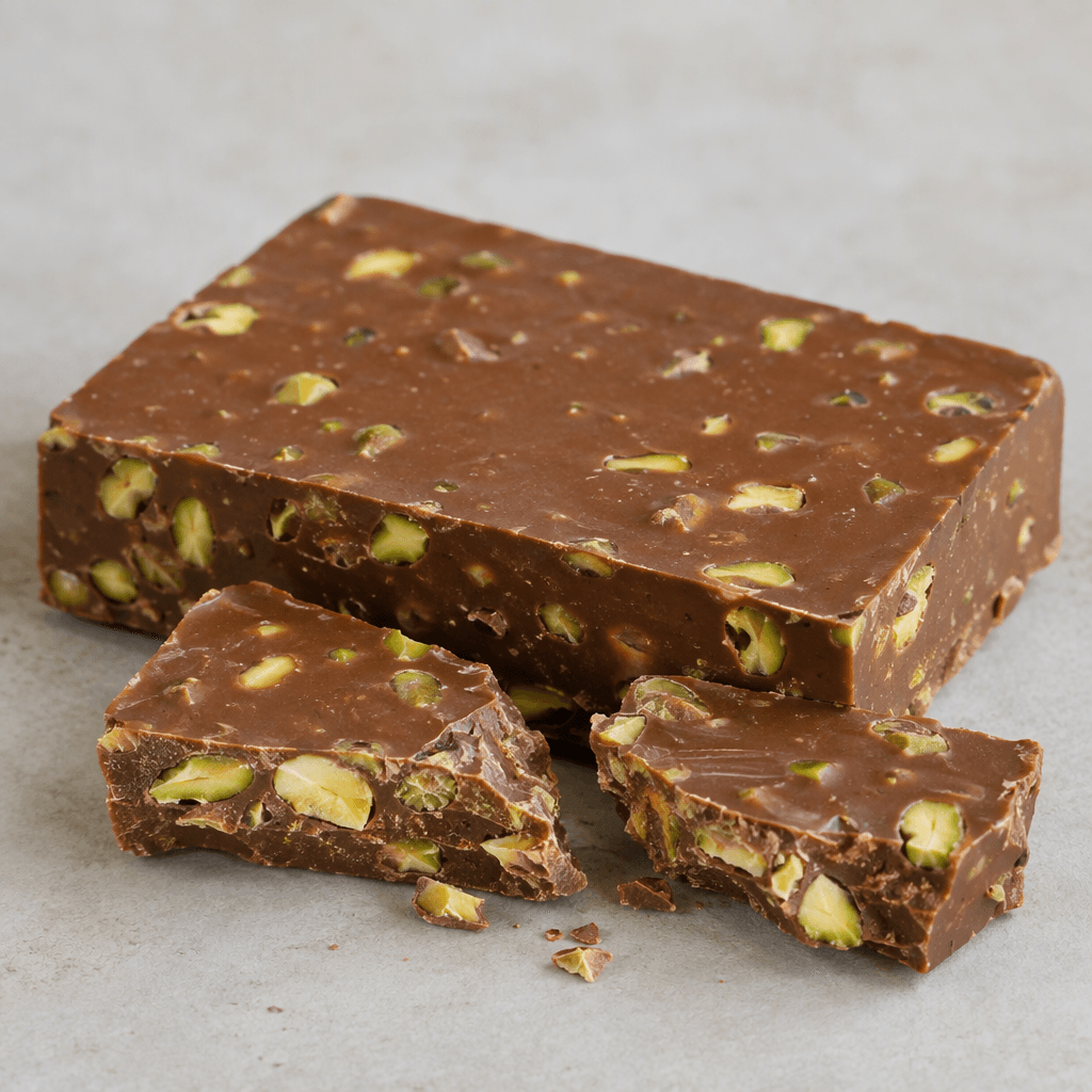 A thick, rectangular milk-chocolate bar with a smooth brown surface and pale green pistachio pieces scattered throughout, shown whole with a few broken pieces revealing the cross-section.