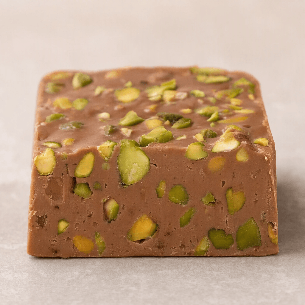 A small, thick rectangular piece of light-brown chocolate is studded with chopped green pistachios, with the pieces visible across its smooth surface and cut edge.