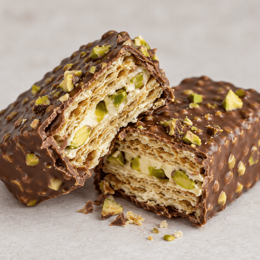 A rectangular chocolate-coated wafer bar, broken to reveal thin crisp wafer layers and pale cream filling, with green pistachio pieces visible in the chocolate and filling.