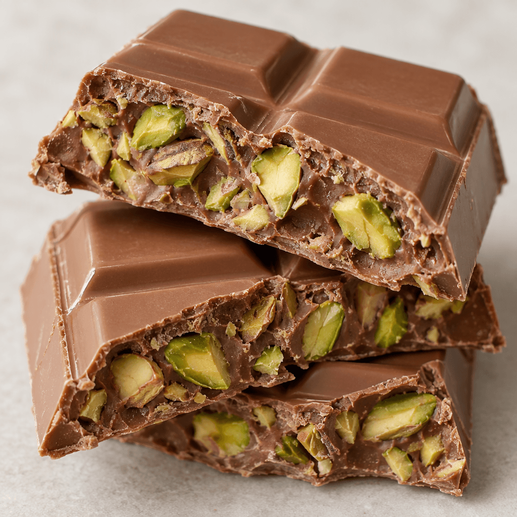 A glossy light-brown chocolate bar is broken into chunky pieces, with pale-green pistachio kernels and their thin brown skins visible throughout the creamy interior.
