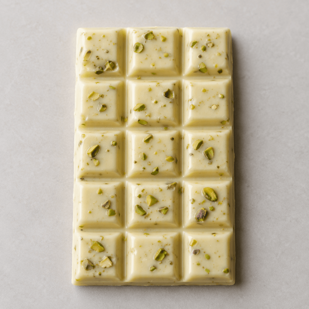 A pale ivory rectangular chocolate bar, divided into raised sections and dotted with small green pistachio pieces.