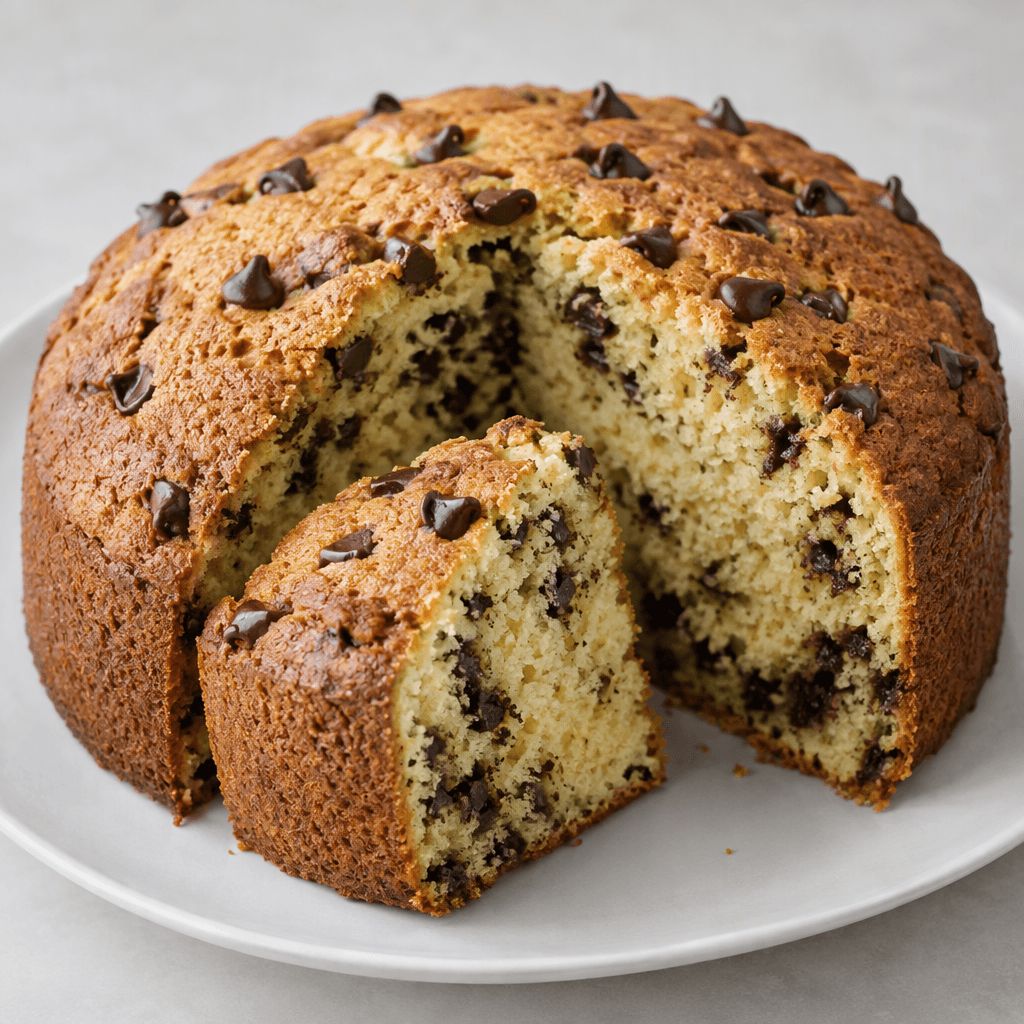 A golden-brown cake with a softly textured crumb and dark chocolate chips scattered throughout, cut into thick slices and served on a plain plate with a few extra chips visible on top.