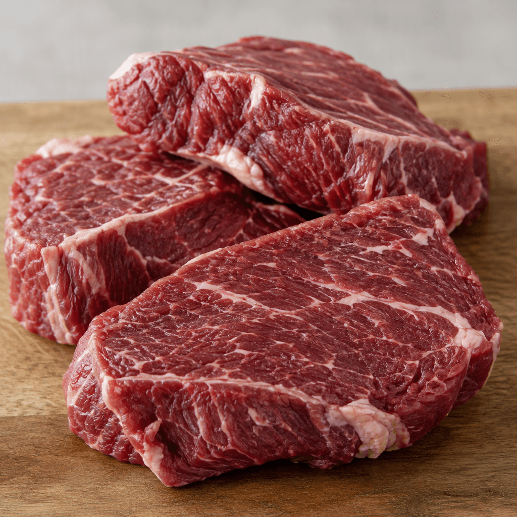 Several deep-red cuts of beef with fine pale streaks of fat and slightly moist, fibrous surfaces are arranged on a plain board.