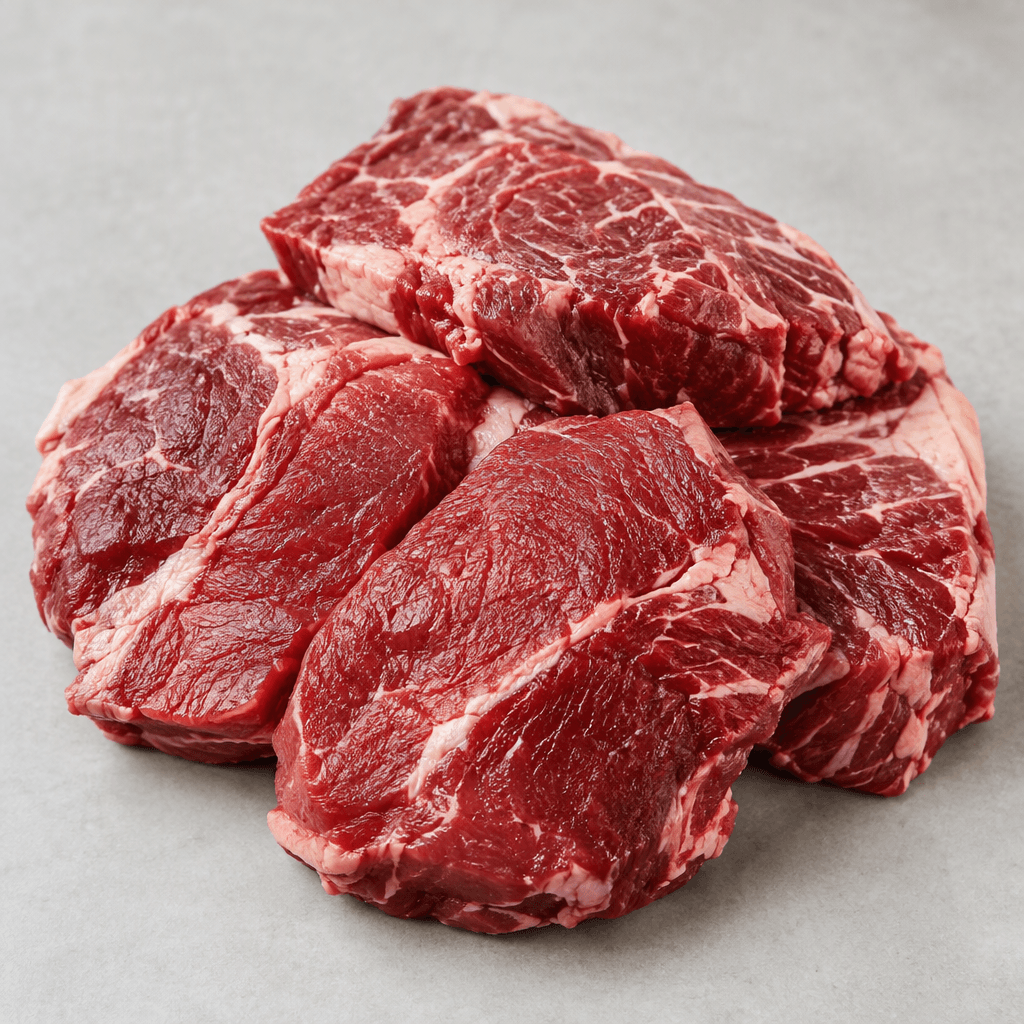 Several irregular cuts of raw beef with deep red muscle, fine white fat marbling, and a moist sheen rest on a plain surface.