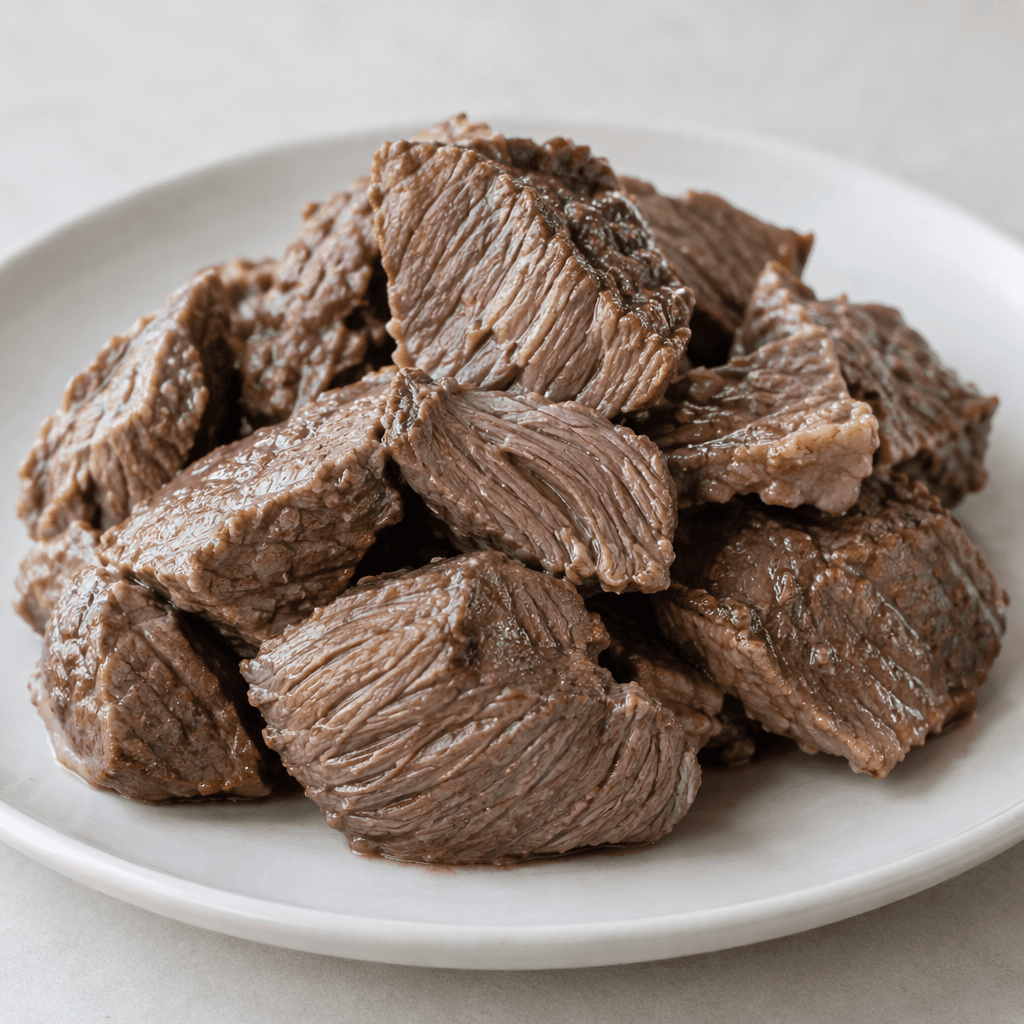 Irregular pieces of beef with muted brown-gray surfaces, moist cut faces showing fine fibers, and a light sheen, arranged on a plain plate.