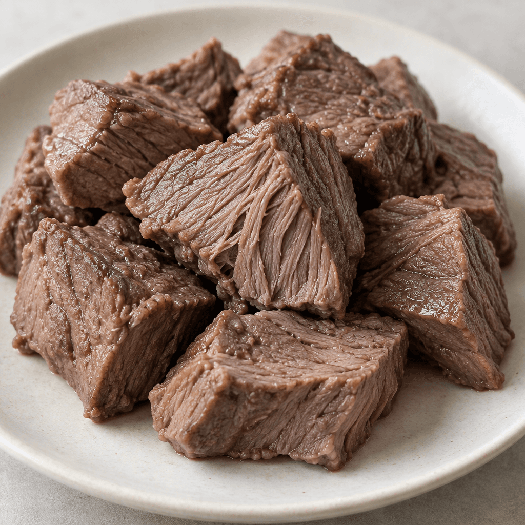 Lean beef is cut into thick, irregular pieces with muted brown-gray surfaces, visible fine muscle fibers, and little to no white fat, arranged on a plain plate.