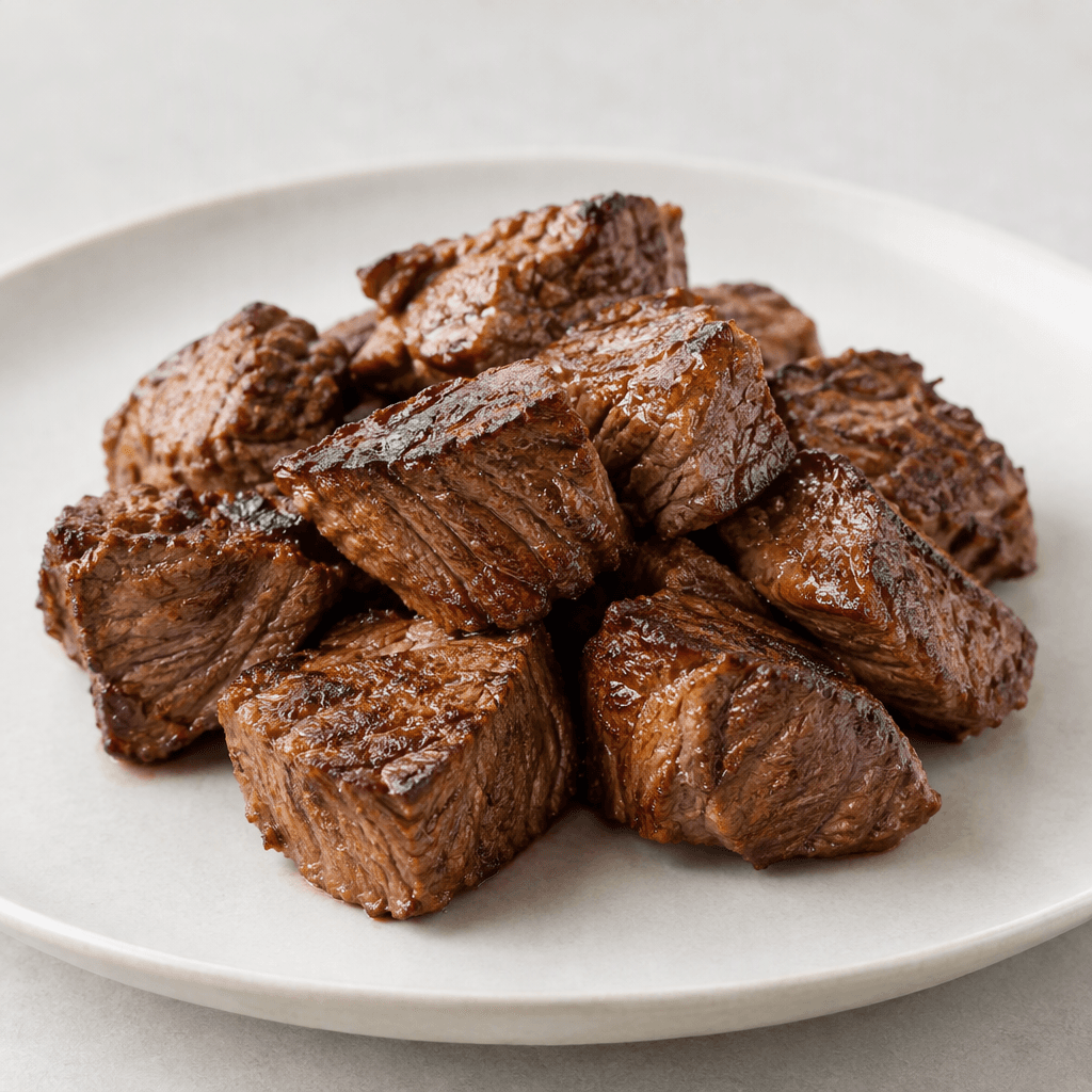 Browned pieces of beef with a firm, slightly glossy surface and a darker seared exterior, arranged on a plate.