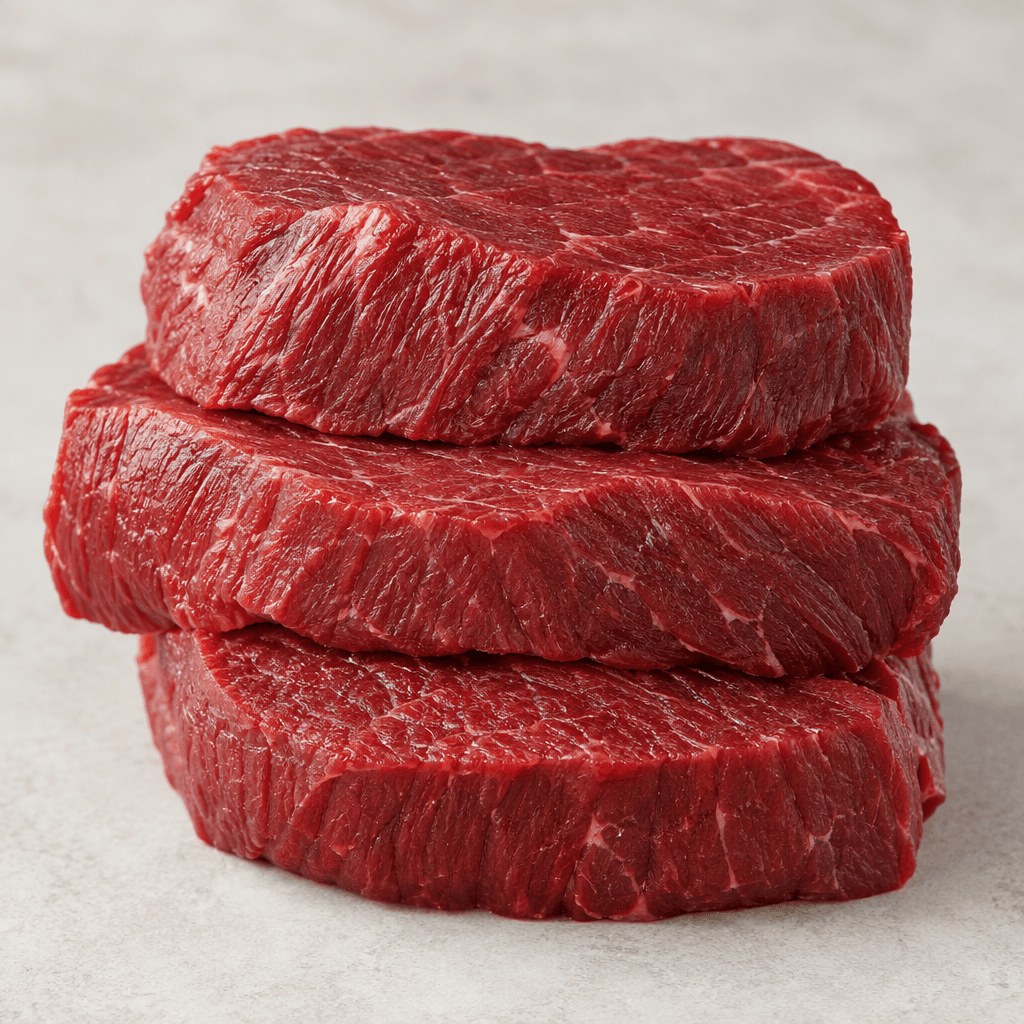 Lean beef appears as deep-red, boneless cuts with a firm, finely fibrous surface and very little visible white fat.