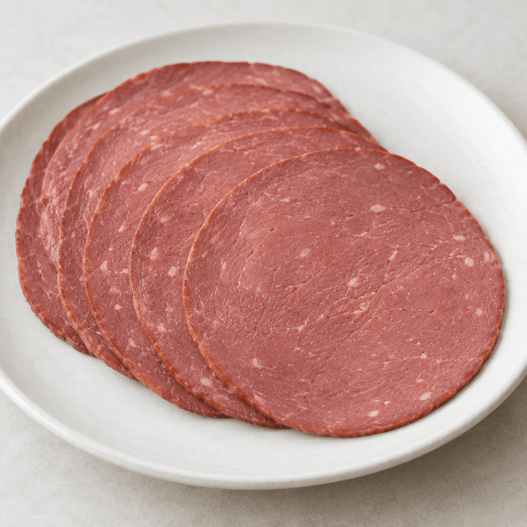 Thin, round slices of processed beef with a rosy-red colour, a smooth compact texture, and fine white fat flecks, arranged slightly overlapping on a plate.