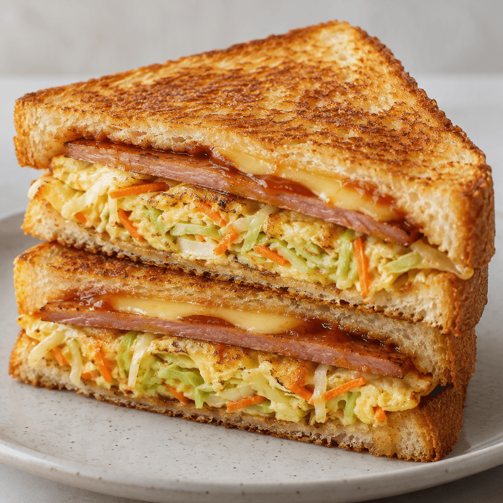 A thick, golden-browned sandwich of square toast is cut diagonally, showing layers of beef ham, a broad set egg filling flecked with shredded cabbage and carrot, and pale yellow cheese, with a little glossy sauce between the layers.