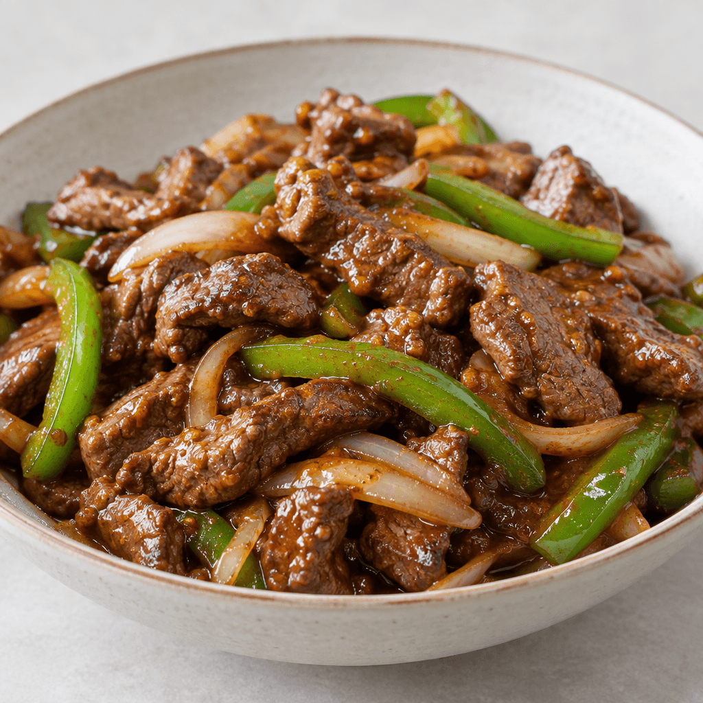 Bite-sized pieces of lean beef with browned edges are piled in a shallow serving dish among visible strips of green pepper and onion, lightly coated in a glossy reddish-brown sauce.