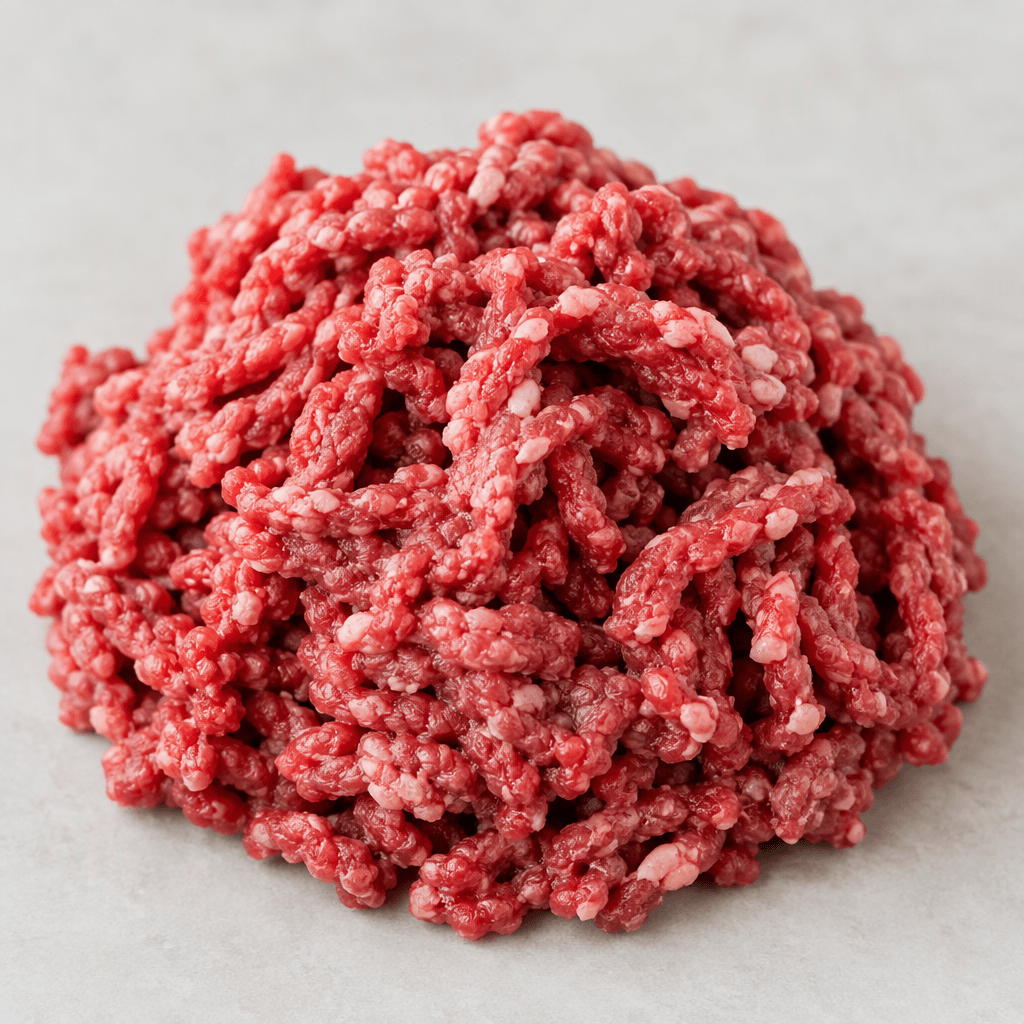 A loose mound of raw ground beef with a deep pink-red colour, coarse crumbly texture, and small irregular flecks and streaks of creamy white fat throughout.