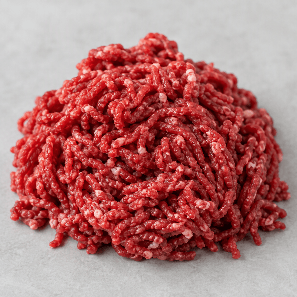 A loose mound of raw lean beef mince with a deep red colour, fine irregular strands and small scattered flecks of pale fat.