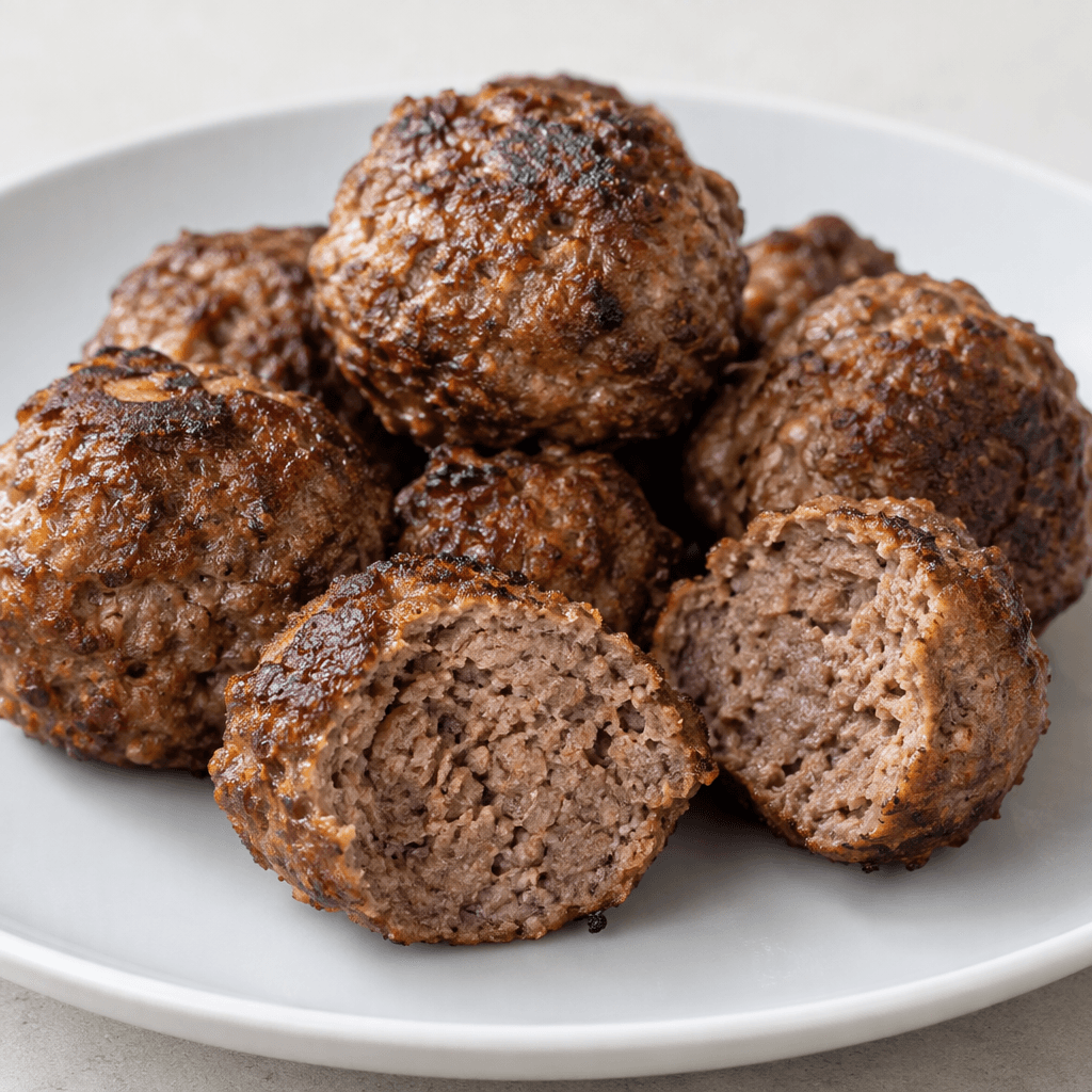 Several round beef meatballs with deeply browned, slightly uneven surfaces and a coarse, firm texture are arranged on a plain plate, with their cut centers showing a dense brown interior.