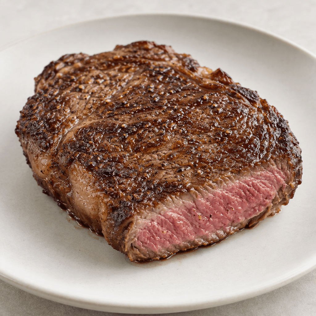A thick, boneless beef steak with an irregular oval shape, a deeply browned crust, and a juicy rosy-pink center visible along one cut edge, resting on a plain plate.