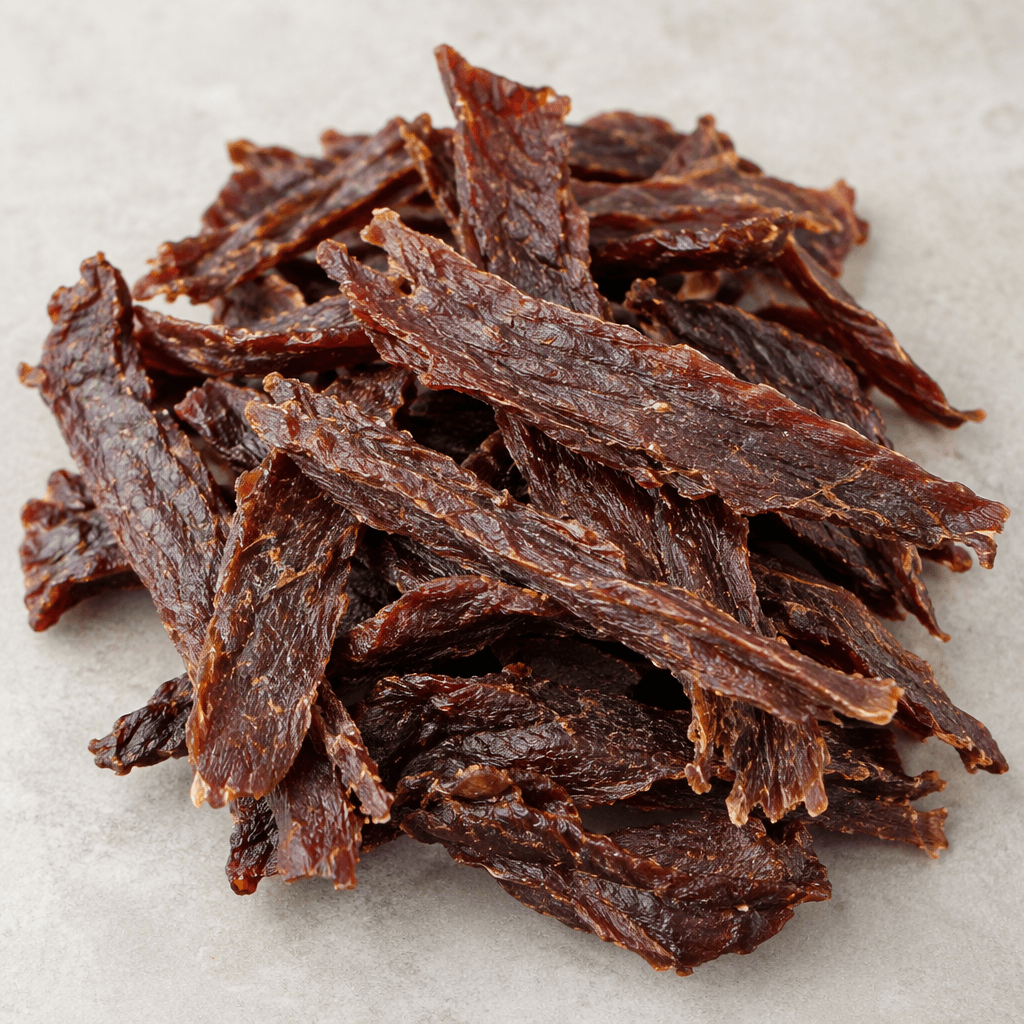 Thin, irregular strips of dried beef are dark reddish-brown with slightly glossy edges, visibly fibrous surfaces, and uneven, leathery-looking shapes.