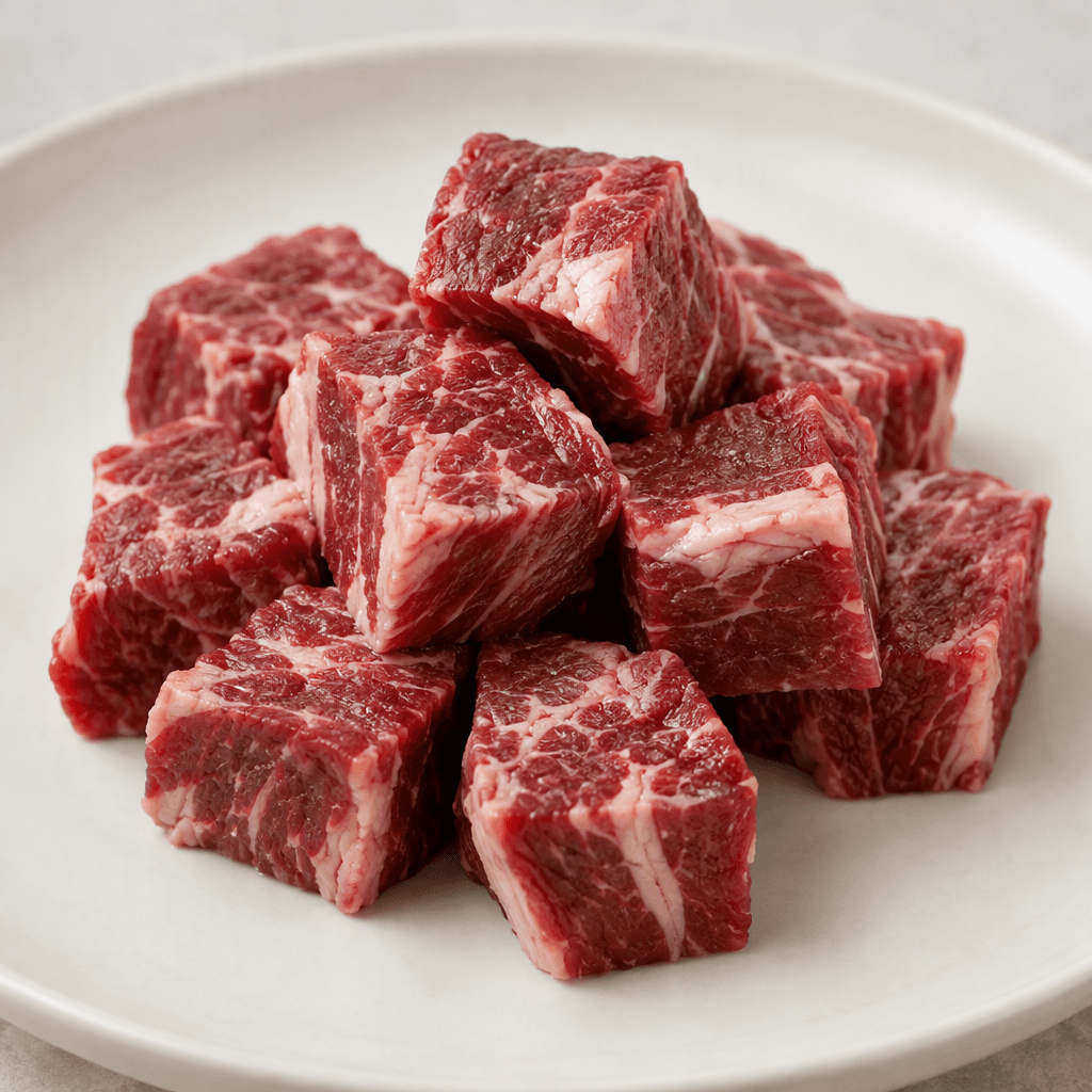 Small, roughly cube-shaped pieces of beef with deep red muscle, thin creamy-white fat marbling, and slightly uneven cut edges, arranged together on a plain plate.
