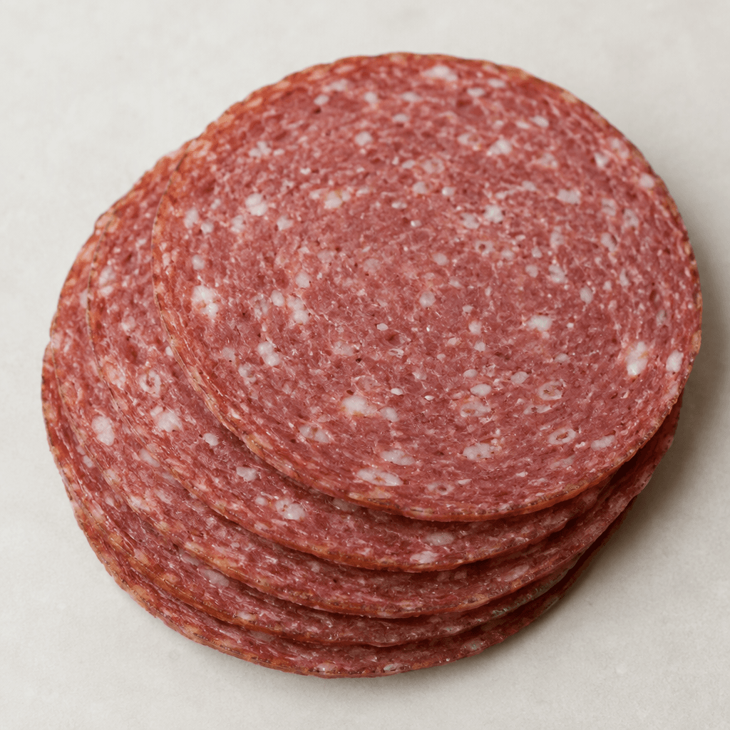 Thin, round slices of beef salami have a muted rosy-red colour, a smooth, dense surface dotted with tiny pale flecks, and neat, slightly darker edges.