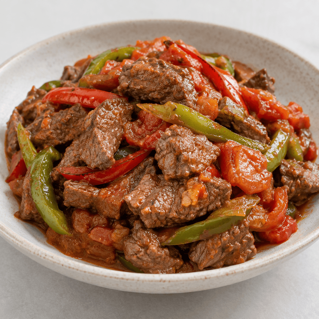 Tender-looking bite-sized pieces of browned beef are piled in a shallow dish with visible strips of green pepper, red pepper, and softened tomato, lightly coated in a glossy reddish-brown sauce.